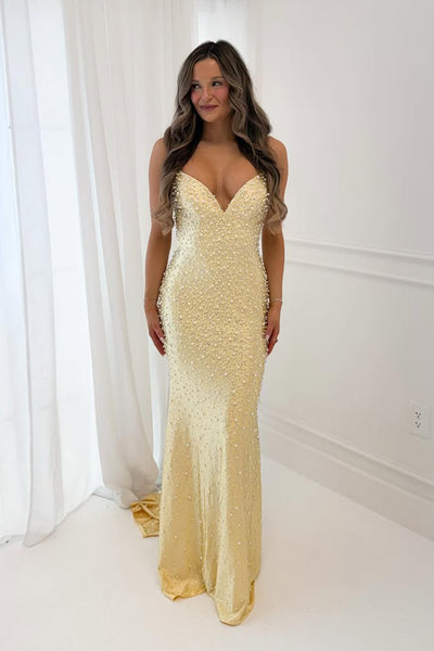 Mermaid V Neck Yellow Satin Pearls Long Prom Dress with Slit VK26021506