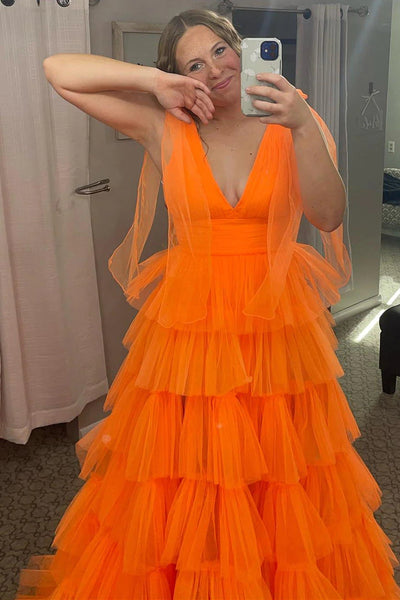 Princess Ball Gown V Neck Ruffle Tiered Tulle Prom Dresses VK23113002
