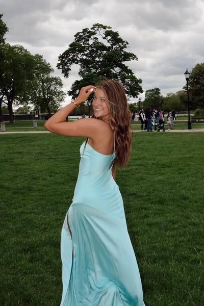 Sheath Spaghetti Straps Blue Silk Satin Prom Dress with Slit VK26031105
