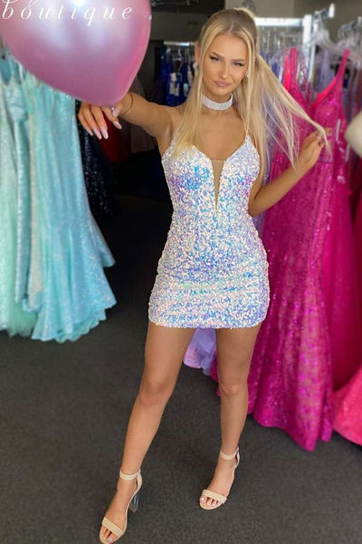 White V Neck Sequins Tight Short Homecoming Dress VK23092110