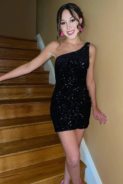 Tight Black Sequins One Shoulder Homecoming Dress VK23091710