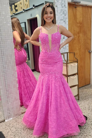 Pink Mermaid Appliques Lace Long Prom Dress VK23120905