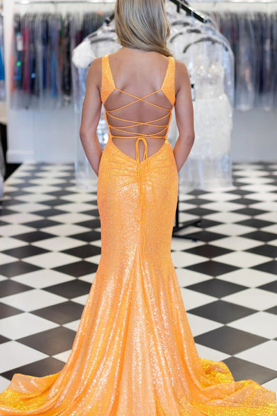 Sparkly Orange Mermaid Lace-Up Back Long Sequins Prom Dress VK23101310