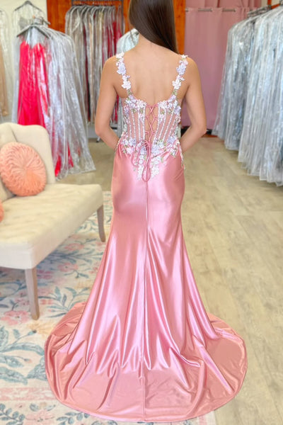 Cute Mermaid Square Neck Blush Pink Satin Prom Dress with Slit VK26030808