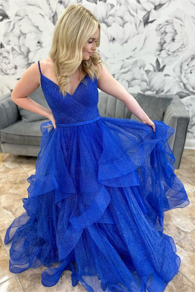 Royal Blue Sparkle Tulle V-Neck Multi-Layer Long Prom Dress VK23112102