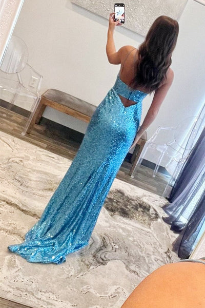 Royal Blue Sequin Keyhole Straps Mermaid Long Prom Dress with Slit VK23092405