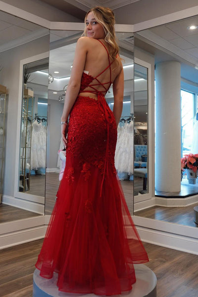 Mermaid Scoop Neck Red Tulle Appliques Long Prom Dresses VK24012901