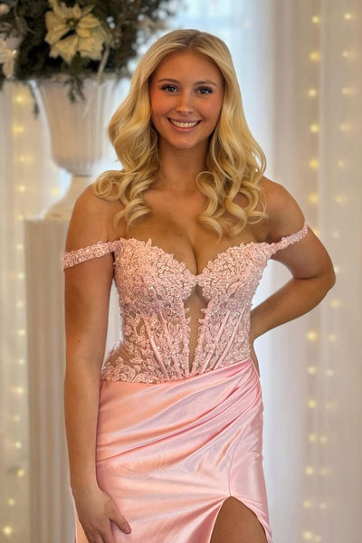 Charming Mermaid Off the Shoulder Blush Satin Prom Dress with Appliques VK25010304