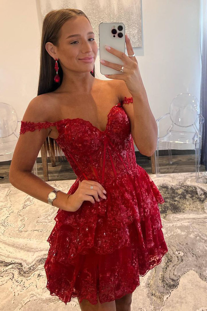 Cute A-Line Off the Shoulder Dark Red Sequins Lace Short Homecoming Dresses VK23062907
