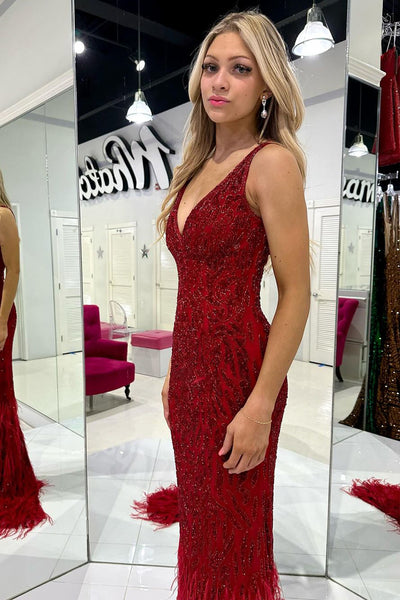 Mermaid V Neck Dark Red Sequins Long Prom Dresses with Feather VK24022802