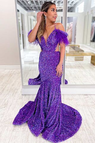 Purple Iridescent Sequin Feather Cold-Shoulder Cutout Mermaid Long Dress VK23121201