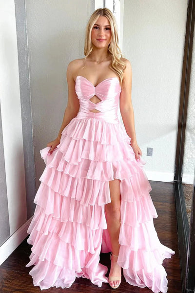 Charming A-Line Sweetheart Fuchsia Ruffle Tiered Long Prom Dresses with Slit VK26010908