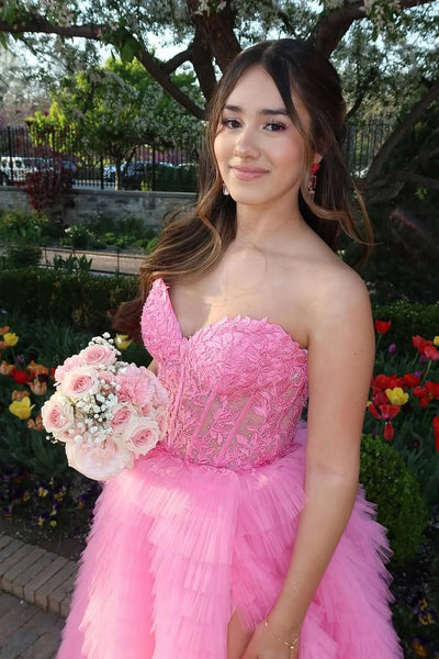 Cute Ball Gown Sweetheart Pink Tiered Tulle Prom Dress with Slit VK2505250