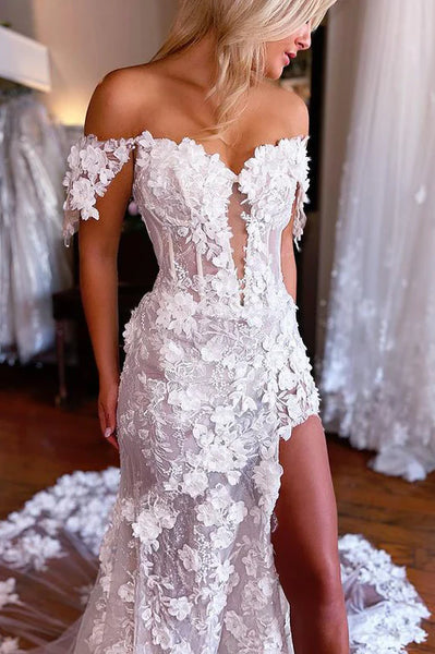 Charming Mermaid Sweetheart White Wedding Dresses with Flower Appliques VK23090901