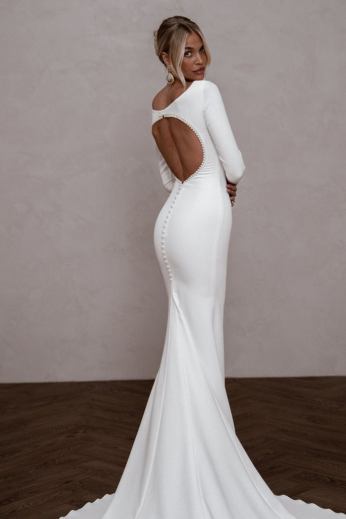 boat neck open back white dress Sofia Open Back Satin Maxi Dress