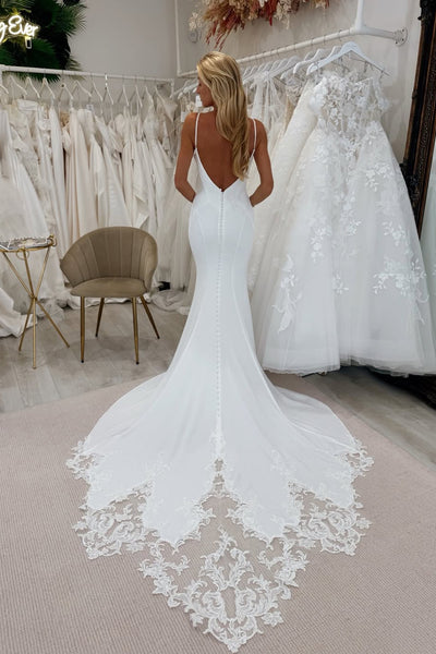 Simple Mermaid Spaghetti Straps White Satin Wedding Dresses with Lace Appliques VK25093002