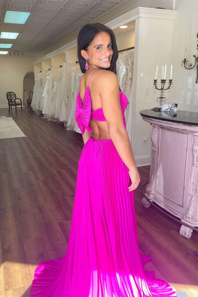 Cute V Neck Royal Blue Pleated Satin Prom Dress with Bow Back