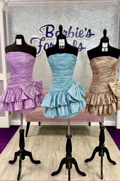 Cute Bodycon Strapless Light Blue Pleat Satin Short Homecoming Dress VK25060209