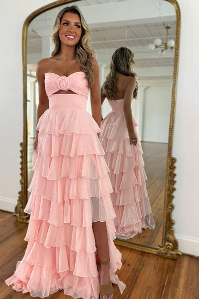 Cute A Line Sweetheart Royal Blue Chiffon Tiered Long Prom Dress with Slit VK25012503