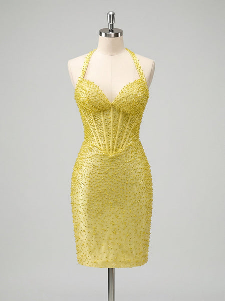 Glamorous Champagne Pearl Beaded Corset Short Homecoming Dress