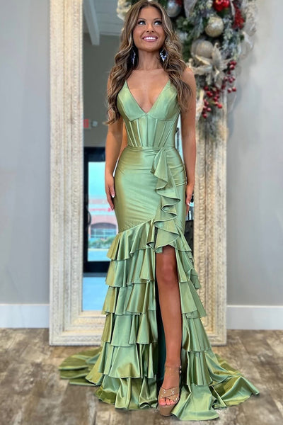 Satin Ruffles Mermaid Prom Dresses Long with Slit Sexy V Neck Evening Dresses