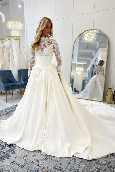Vintage Ball Gown High Neck Lace Satin Wedding Dress with Long Sleeves VK15112707