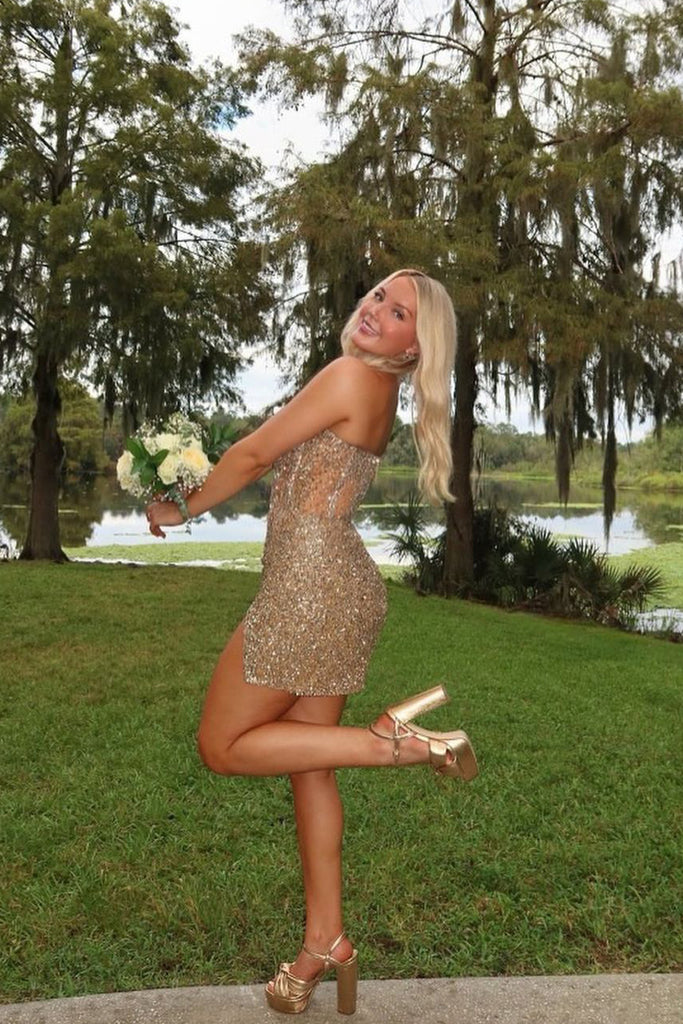 Cute Bodycon Sweetheart Gold Sequins Short Homecoming Dresses with Beading VK24102106 Vickidress Cute Bodycon Sweetheart Gold Sequins Short Homecoming Dresses with Beading VK24102106 Vickidress