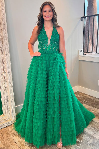 V Neck A Line Long Prom Dresses Tulle Lace Ruffles Evening Gowns