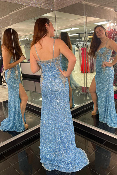 Blue Sweetheart Sequins Mermaid Long Prom Dresses with Slit VK23122905
