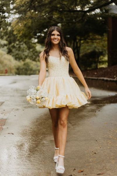 A Line Scoop Neck Daffodial Tulle Homecoming Dress with Beading VK090801