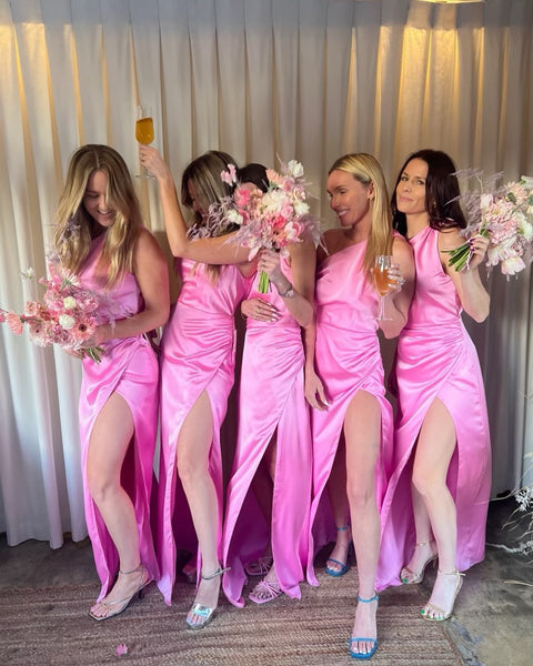 Fashion Sheath One Shoulder Pink Saitn Bridesmaid Dresses VK23050908