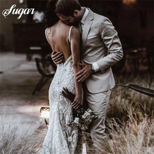 Elegant Mermaid V Neck Lace Champagne Wedding Dresses with Appliques VK112122
