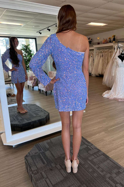 Lavender Sequin One Sleeve Fringe Short Homecoming Dress VK23092107