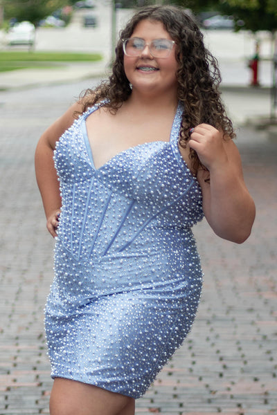 Sparkly Yellow Corset Tight Halter Short Homecoming Dress with Pearls