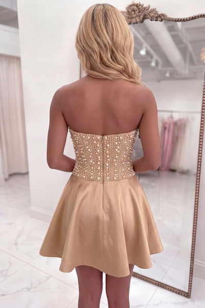 Sparkly Yellow Corset A Line Short Strapless Homecoming Dress with Pearls
