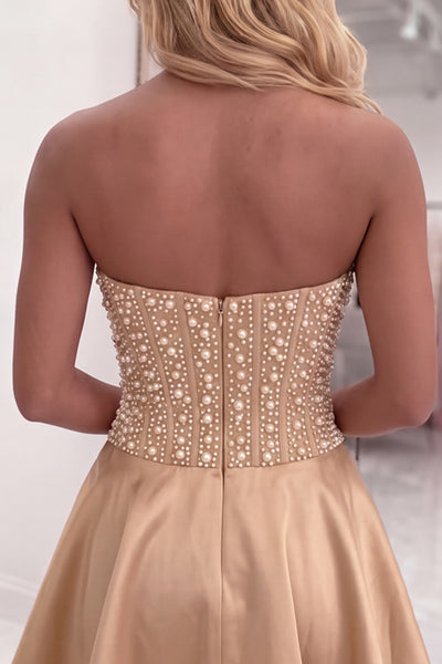Sparkly Yellow Corset A Line Short Strapless Homecoming Dress with Pearls