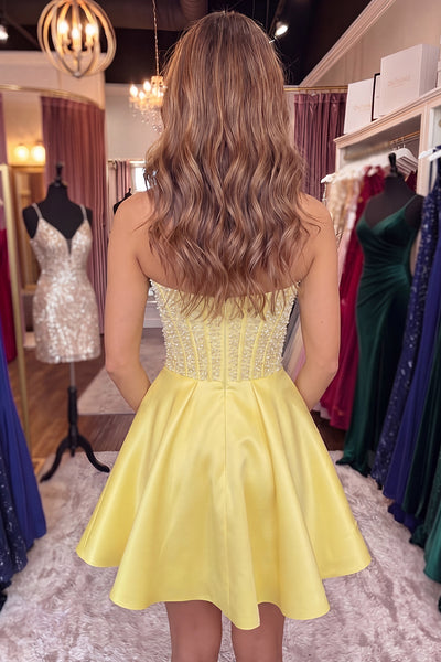 Sparkly Yellow Corset A Line Short Strapless Homecoming Dress with Pearls
