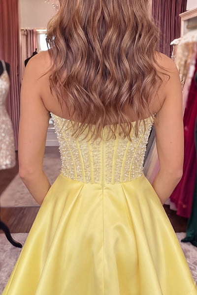 Sparkly Yellow Corset A Line Short Strapless Homecoming Dress with Pearls