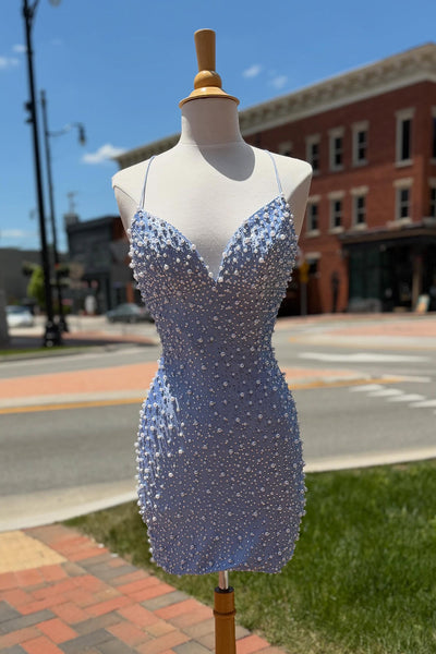 Pink Sparkly V-Neck Tight Short Homecoming Dress with Pearls