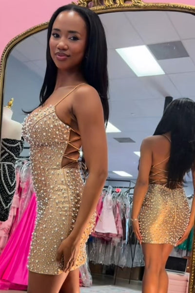 Pink Sparkly V-Neck Tight Short Homecoming Dress with Pearls
