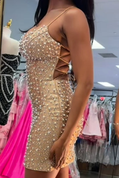 Pink Sparkly V-Neck Tight Short Homecoming Dress with Pearls