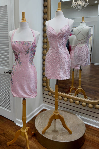 Pink Sparkly V-Neck Tight Short Homecoming Dress with Pearls