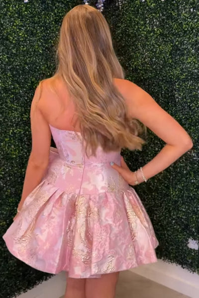 Floral Fuchsia A Line Strapless Short Homecoming Dress with Bow