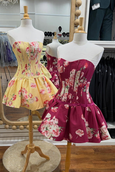 Floral Dark Purple Corset Strapless A Line Short Homecoming Dress