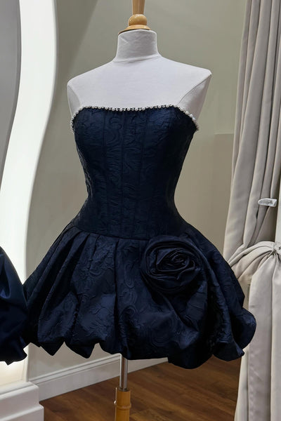 Corset Floral Navy Strapless A Line Beaded Short Homecoming Dress