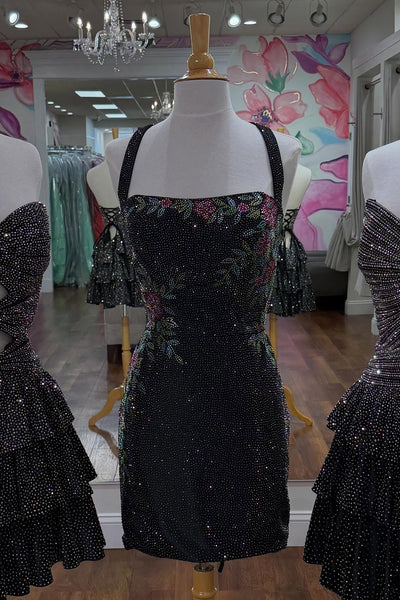 Navy Sparkly Floral Beaded Halter Tight Short Homecoming Dress