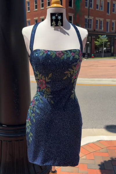 Navy Sparkly Floral Beaded Halter Tight Short Homecoming Dress