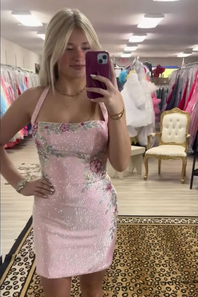 Navy Sparkly Floral Beaded Halter Tight Short Homecoming Dress