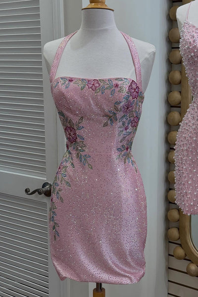 Navy Sparkly Floral Beaded Halter Tight Short Homecoming Dress