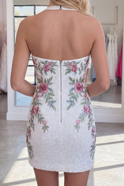 Navy Sparkly Floral Beaded Halter Tight Short Homecoming Dress